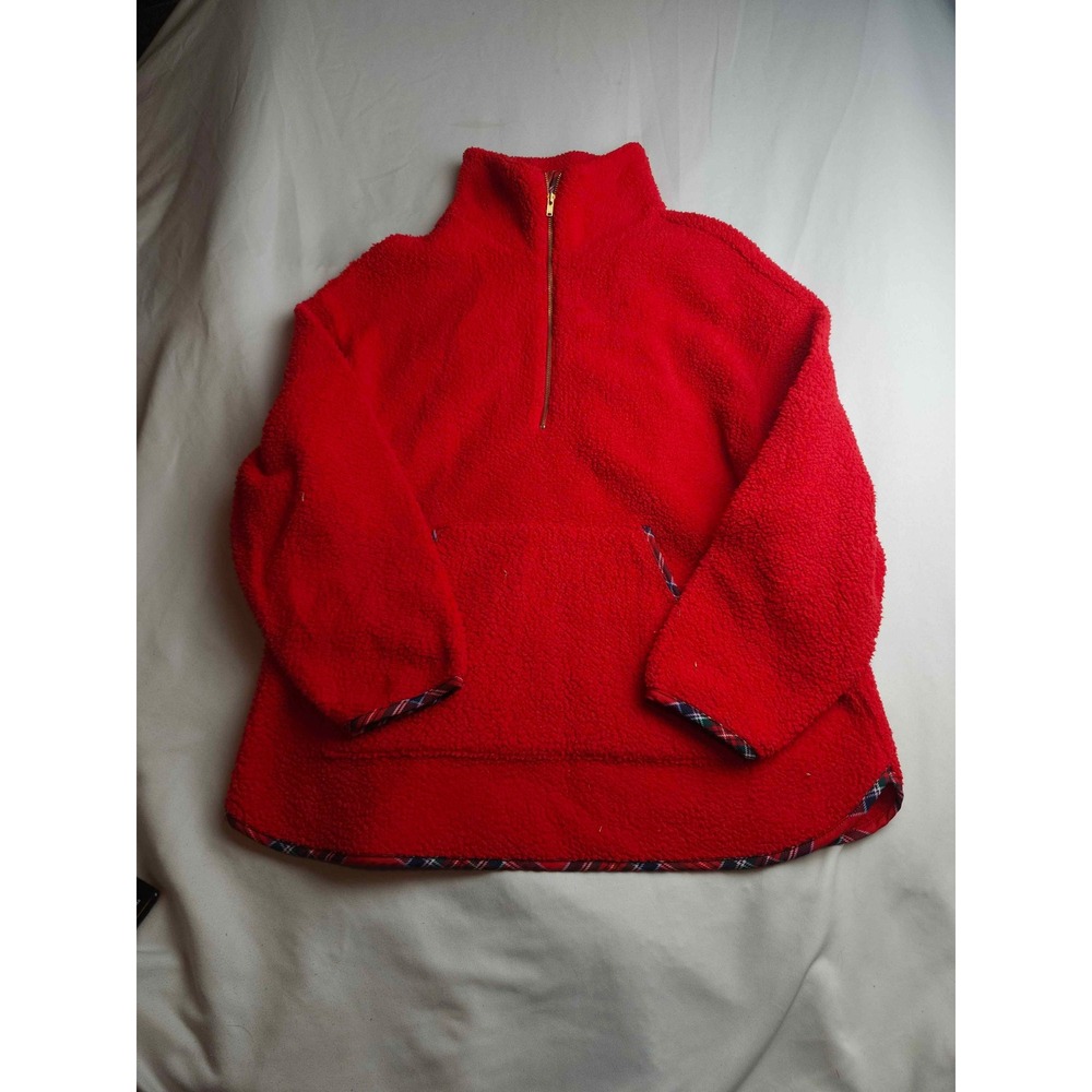 Crown & Ivy Red Sherpa Fleece Quarter Zip Pullover Plaid Trim Womens XS
